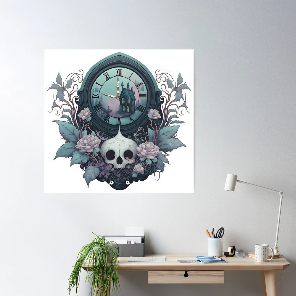 Pastel Goth Antique Clock, Skull & Flowers