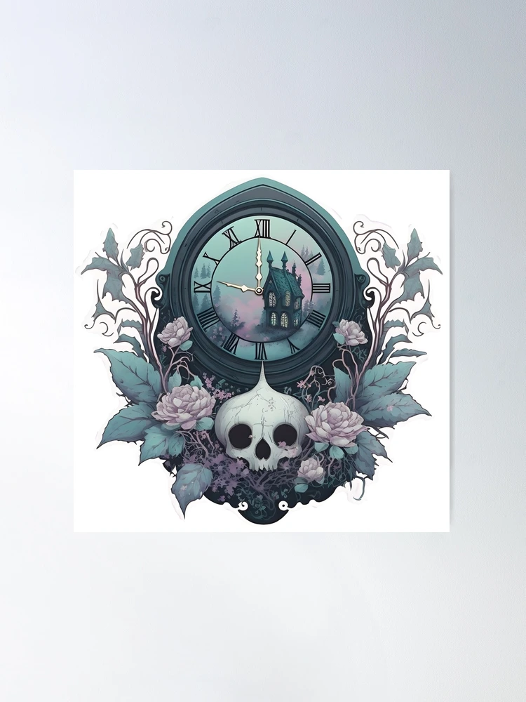 Pastel Goth Antique Clock, Skull & Flowers | Poster