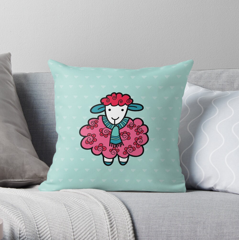 Doodle Sheep Pink Throw Pillow