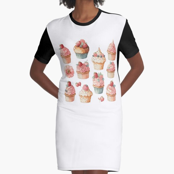Delicious Cupcakes Watercolor Graphic T-Shirt Dress
