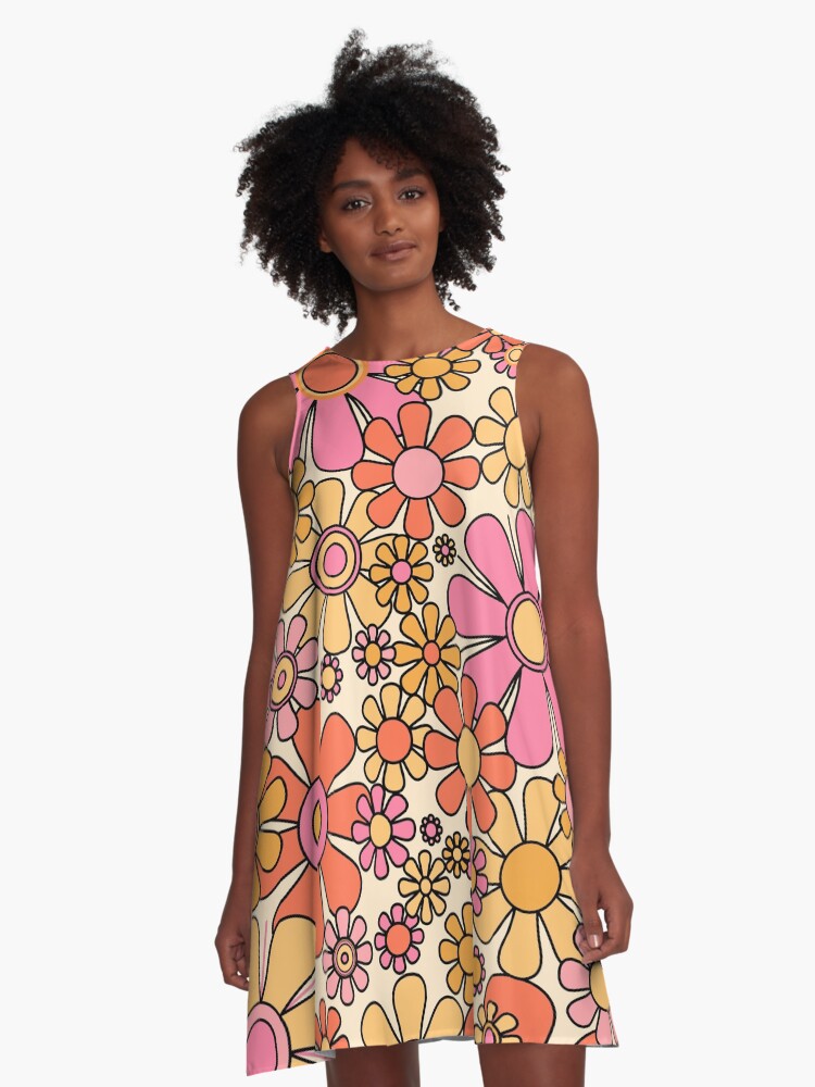 Retro Garden Flowers Groovy 60s 70s Floral Pattern Pink Orange