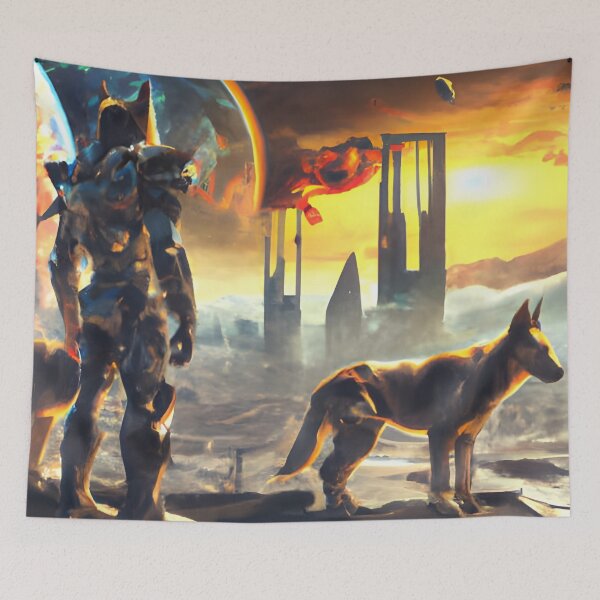 Item preview, Futuristic cosmic city with a german shepherd. designed and sold by Doggymadness.