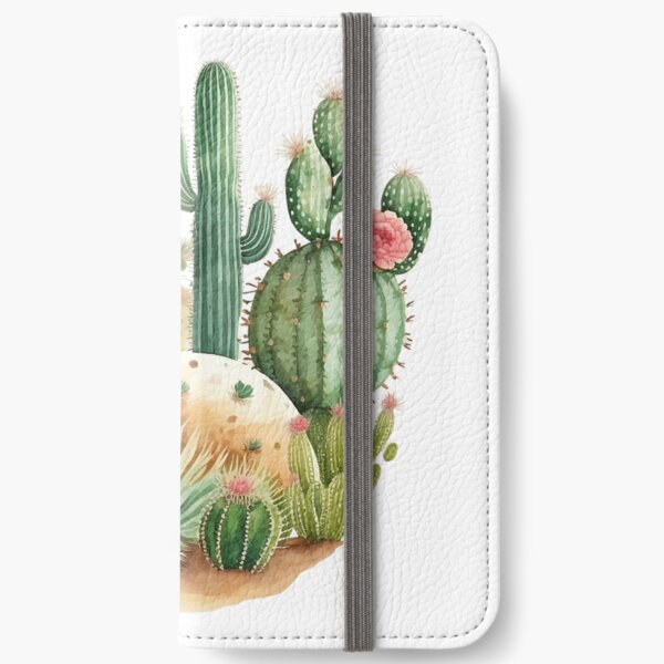 Cactus Garden and Pink Flowers Watercolor iPhone Wallet