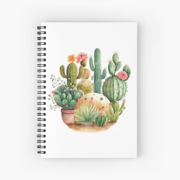Cactus Garden and Pink Flowers Watercolor Spiral Notebook