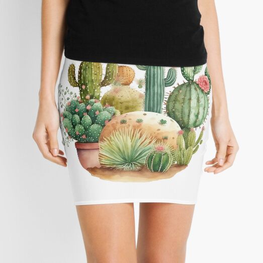 Cactus Garden and Pink Flowers Watercolor Mini Skirt