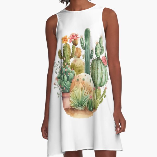 Cactus Garden and Pink Flowers Watercolor A-Line Dress
