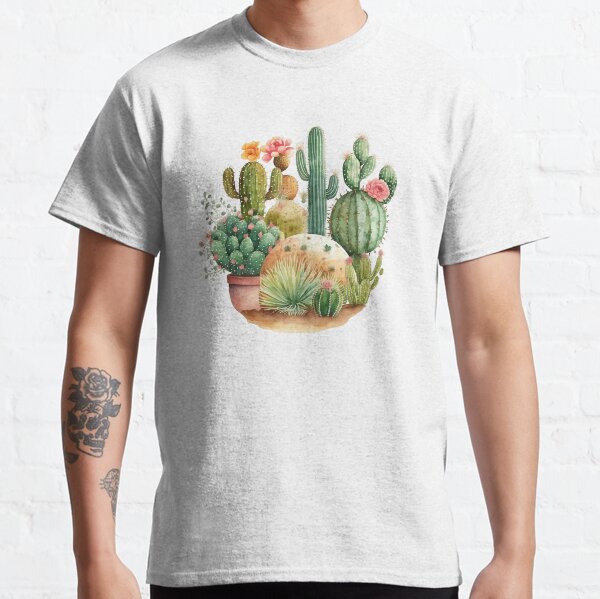 Cactus Garden and Pink Flowers Watercolor Classic T-Shirt