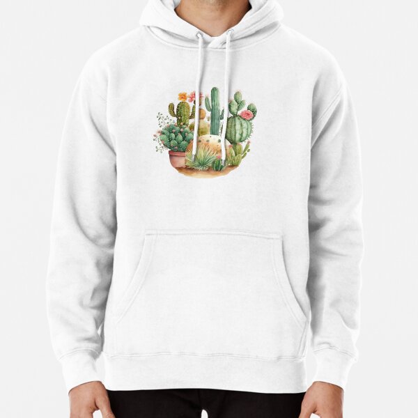Cactus Garden and Pink Flowers Watercolor Pullover Hoodie