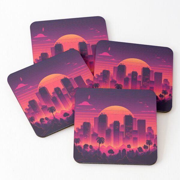 Item preview, Synth wave retro city landscape background at sunset designed and sold by Damian Sobczyk.