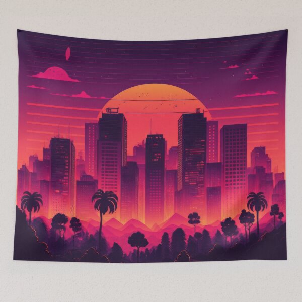 Item preview, Synth wave retro city landscape background at sunset designed and sold by Damian Sobczyk.