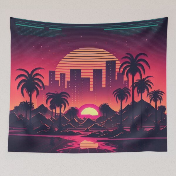 Item preview, Synth wave retro city landscape background at sunset designed and sold by Damian Sobczyk.