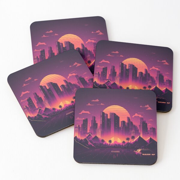 Item preview, Synth wave retro city landscape background at sunset designed and sold by Damian Sobczyk.
