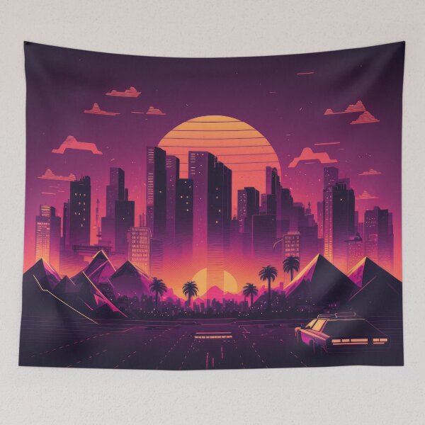 Item preview, Synth wave retro city landscape background at sunset designed and sold by Damian Sobczyk.