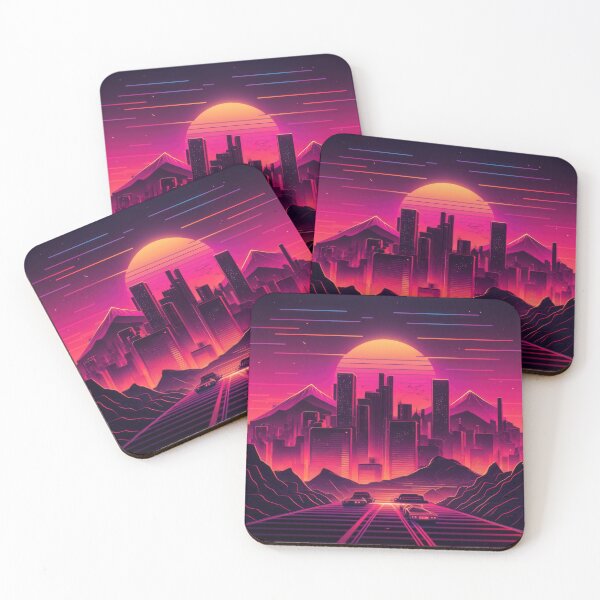 Item preview, Synth wave retro city landscape background at sunset designed and sold by Damian Sobczyk.