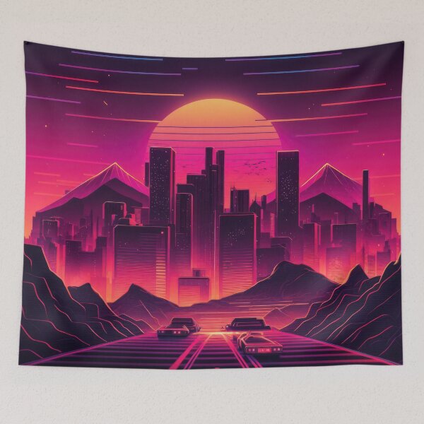 Item preview, Synth wave retro city landscape background at sunset designed and sold by Damian Sobczyk.