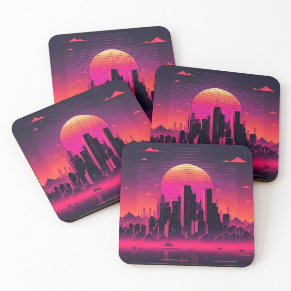 Item preview, Synth wave retro city landscape background at sunset designed and sold by Damian Sobczyk.