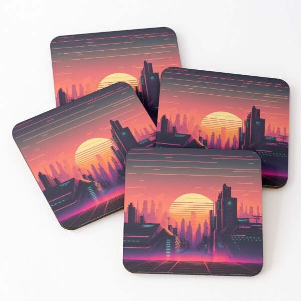 Item preview, Synth wave retro city landscape background at sunset designed and sold by Damian Sobczyk.
