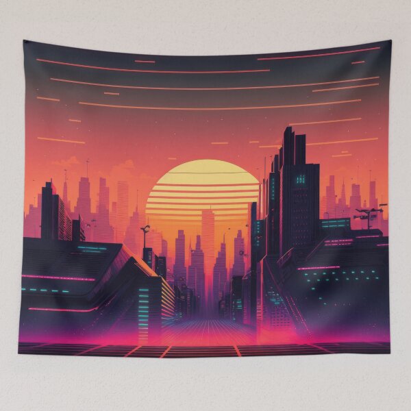 Item preview, Synth wave retro city landscape background at sunset designed and sold by Damian Sobczyk.