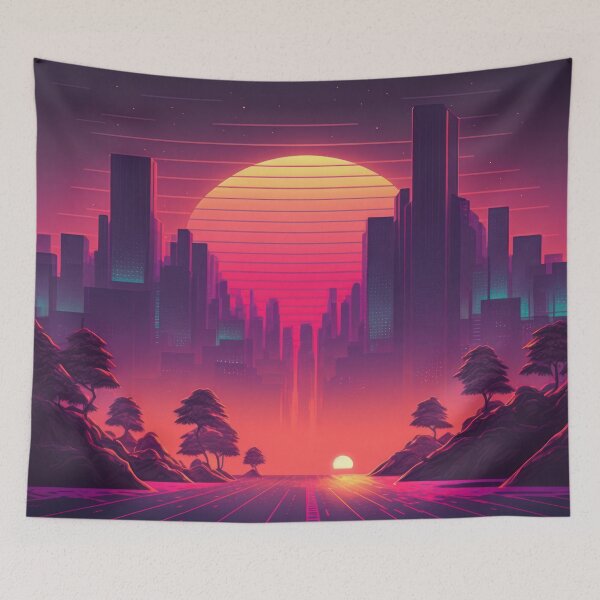 Item preview, Synth wave retro city landscape background at sunset designed and sold by Damian Sobczyk.