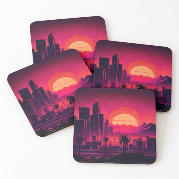 Item preview, Synth wave retro city landscape background at sunset designed and sold by Damian Sobczyk.