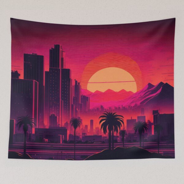 Item preview, Synth wave retro city landscape background at sunset designed and sold by Damian Sobczyk.