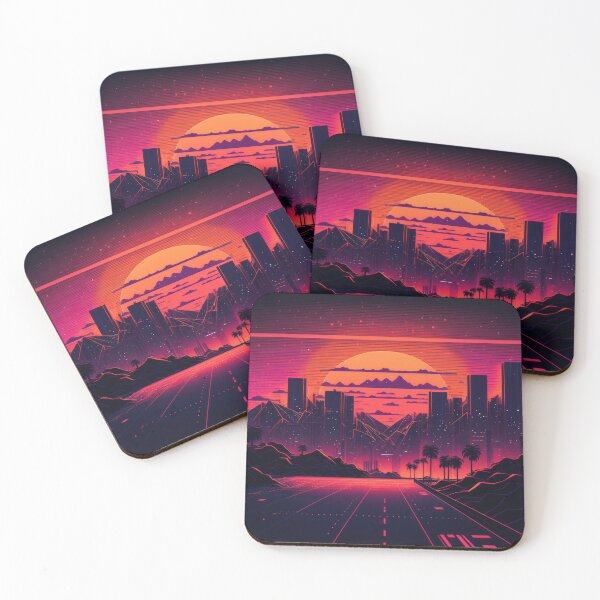 Item preview, Synth wave retro city landscape background at sunset designed and sold by Damian Sobczyk.