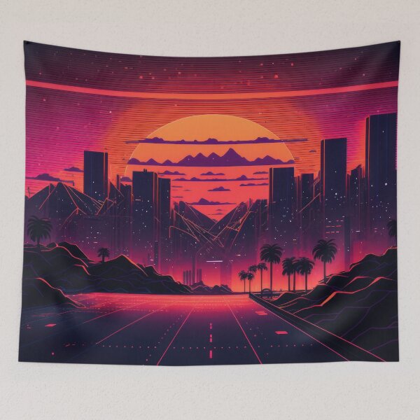 Item preview, Synth wave retro city landscape background at sunset designed and sold by Damian Sobczyk.