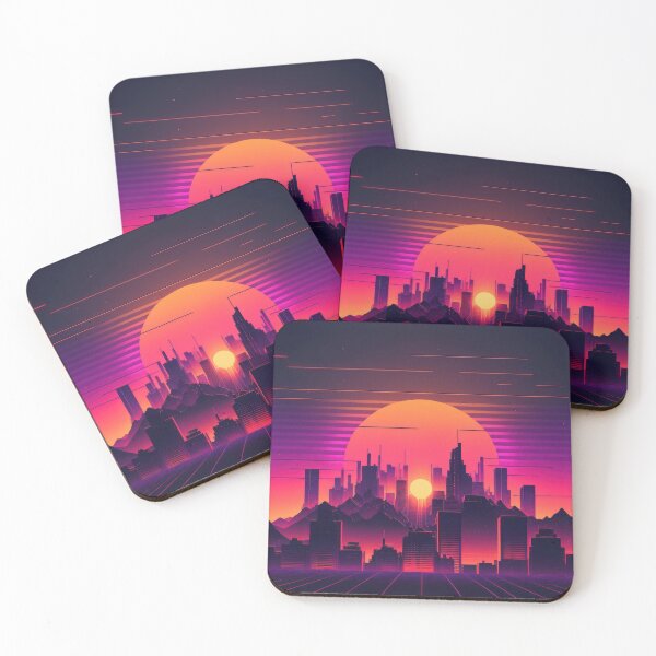 Item preview, Synth wave retro city landscape background at sunset designed and sold by Damian Sobczyk.