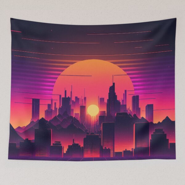 Item preview, Synth wave retro city landscape background at sunset designed and sold by Damian Sobczyk.