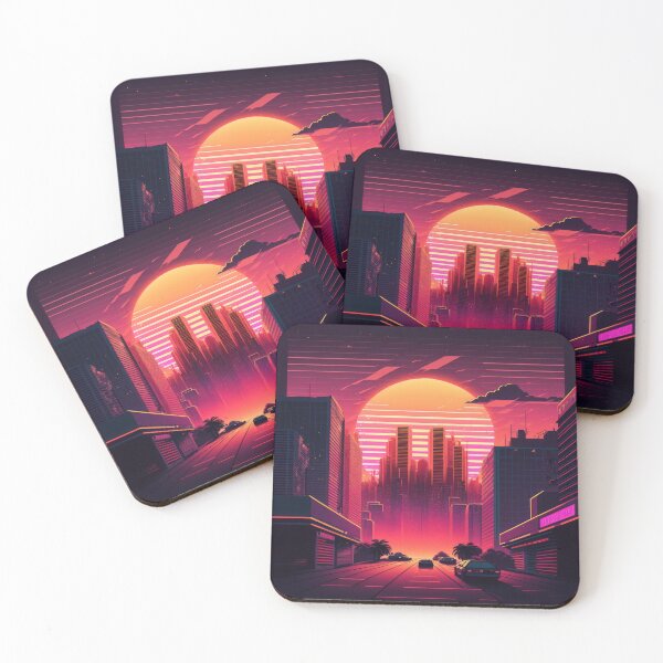 Item preview, Synth wave retro city landscape background at sunset designed and sold by Damian Sobczyk.