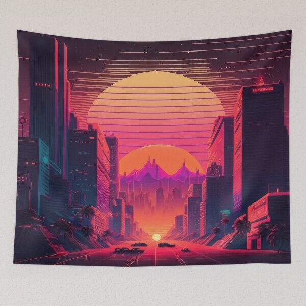 Item preview, Synth wave retro city landscape background at sunset designed and sold by Damian Sobczyk.