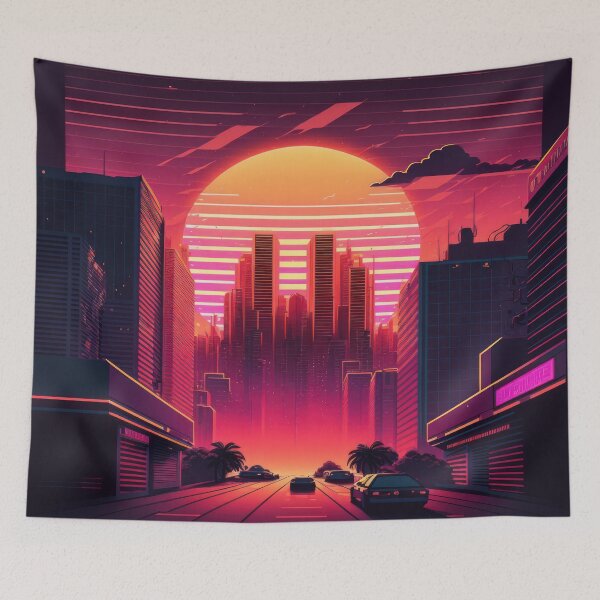 Item preview, Synth wave retro city landscape background at sunset designed and sold by Damian Sobczyk.
