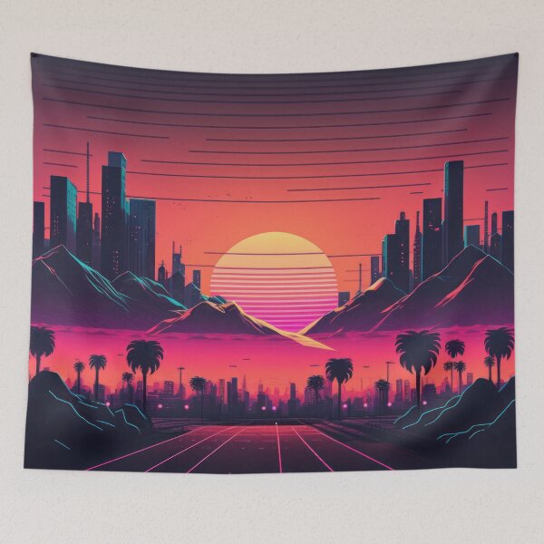 Item preview, Synth wave retro city landscape background at sunset designed and sold by Damian Sobczyk.