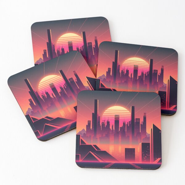 Item preview, Synth wave retro city landscape background at sunset designed and sold by Damian Sobczyk.