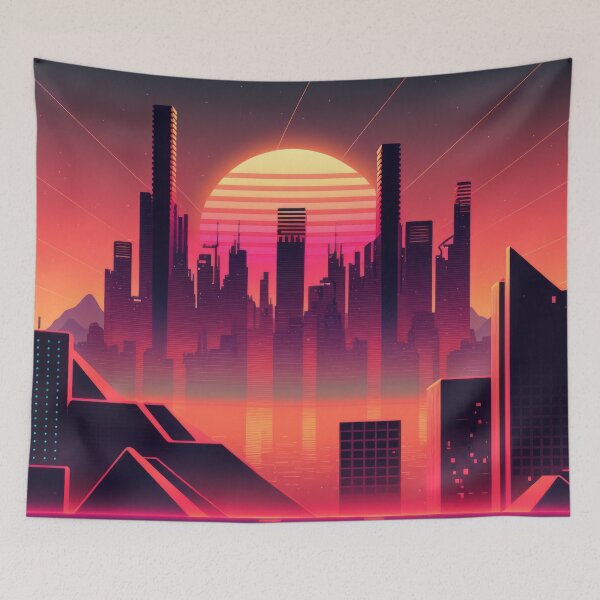 Item preview, Synth wave retro city landscape background at sunset designed and sold by Damian Sobczyk.