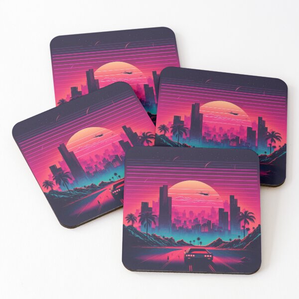 Item preview, Synth wave retro city landscape background at sunset designed and sold by Damian Sobczyk.