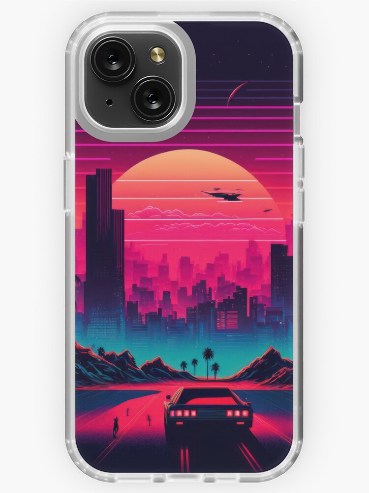 Synth wave retro city landscape background at sunset