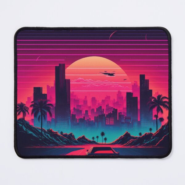 Item preview, Synth wave retro city landscape background at sunset designed and sold by Damian Sobczyk.