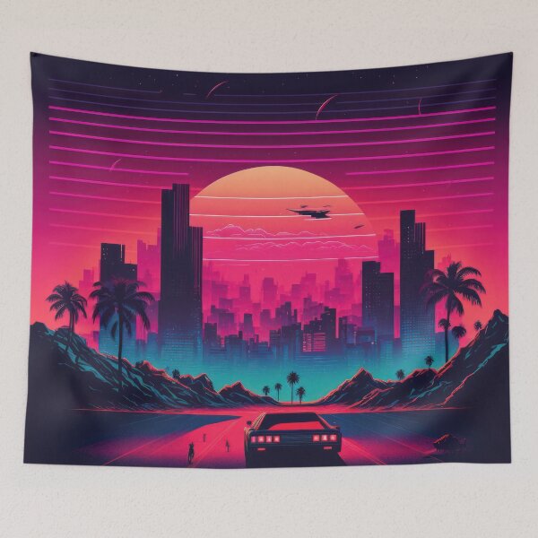 Item preview, Synth wave retro city landscape background at sunset designed and sold by Damian Sobczyk.