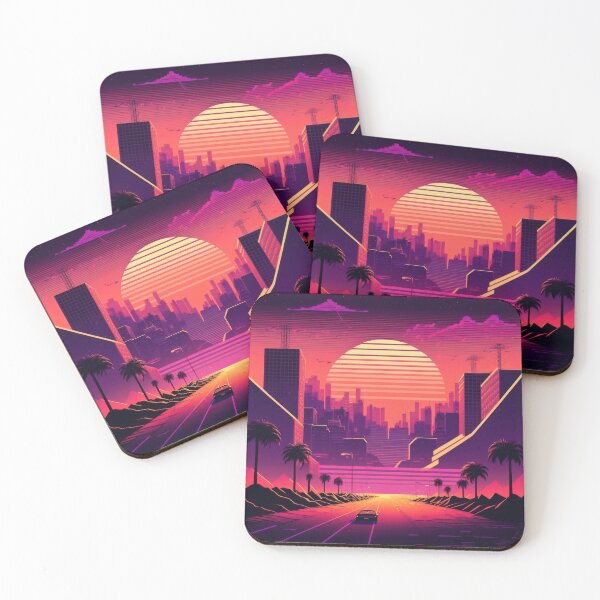 Item preview, Synth wave retro city landscape background at sunset designed and sold by Damian Sobczyk.