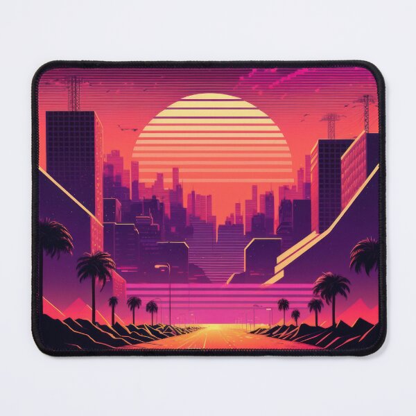 Item preview, Synth wave retro city landscape background at sunset designed and sold by Damian Sobczyk.