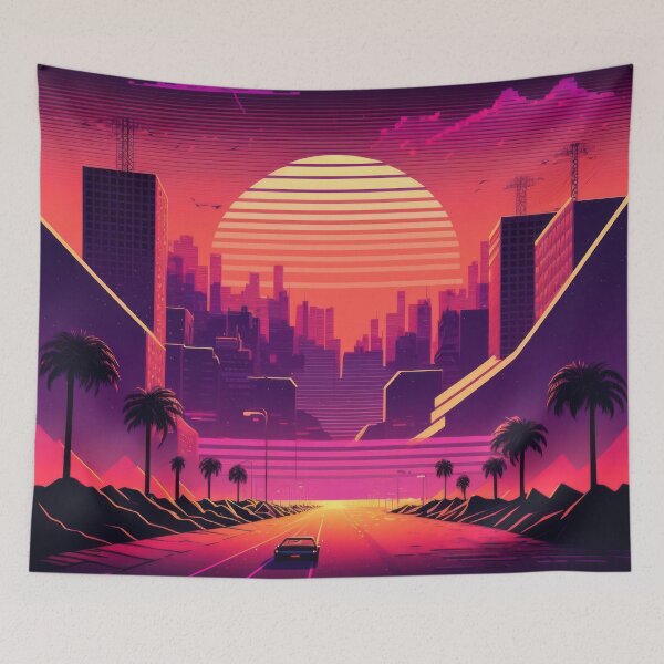 Item preview, Synth wave retro city landscape background at sunset designed and sold by Damian Sobczyk.