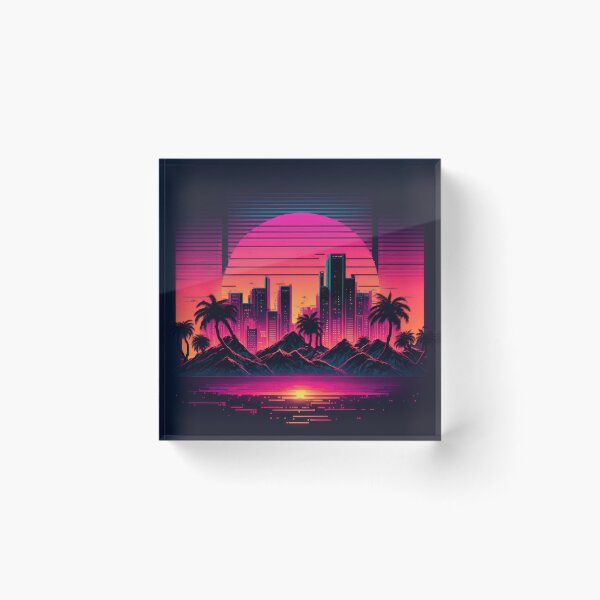 Item preview, Synth wave retro city landscape background at sunset designed and sold by Damian Sobczyk.