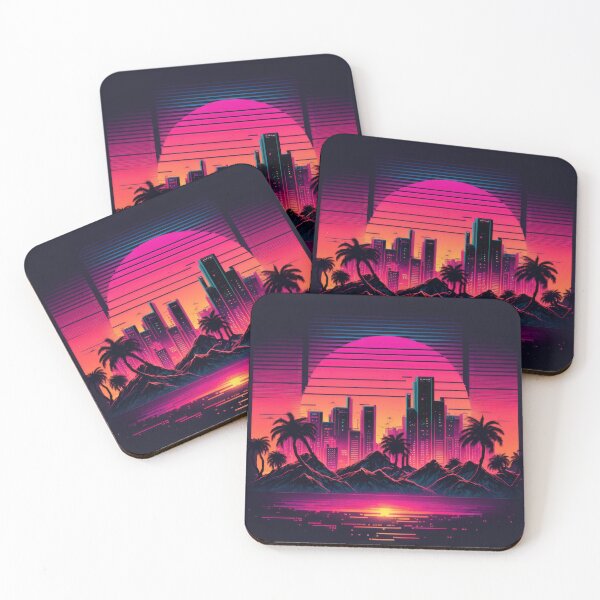 Item preview, Synth wave retro city landscape background at sunset designed and sold by Damian Sobczyk.