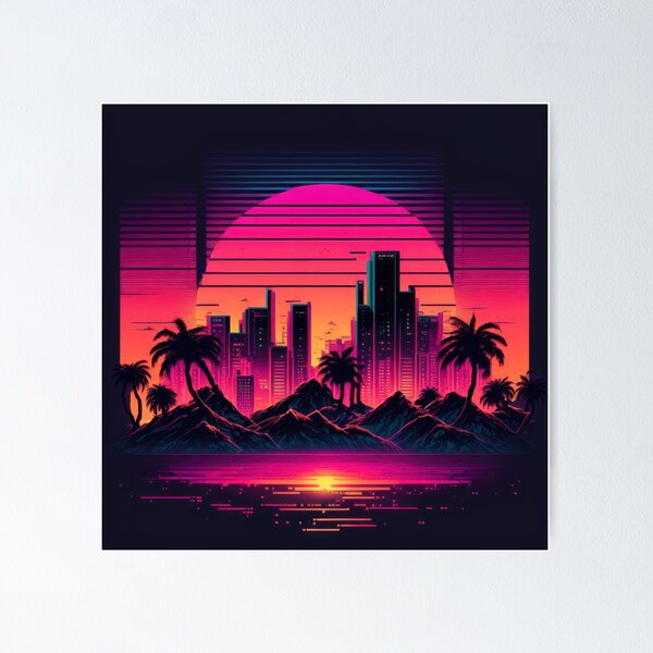 Item preview, Synth wave retro city landscape background at sunset designed and sold by Damian Sobczyk.