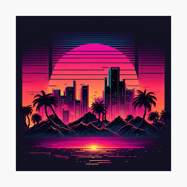 Item preview, Synth wave retro city landscape background at sunset designed and sold by Damian Sobczyk.