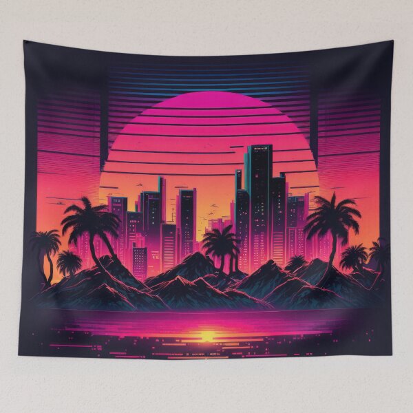 Item preview, Synth wave retro city landscape background at sunset designed and sold by Damian Sobczyk.
