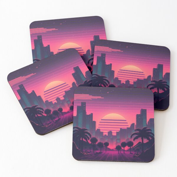 Item preview, Synth wave retro city landscape background at sunset designed and sold by Damian Sobczyk.