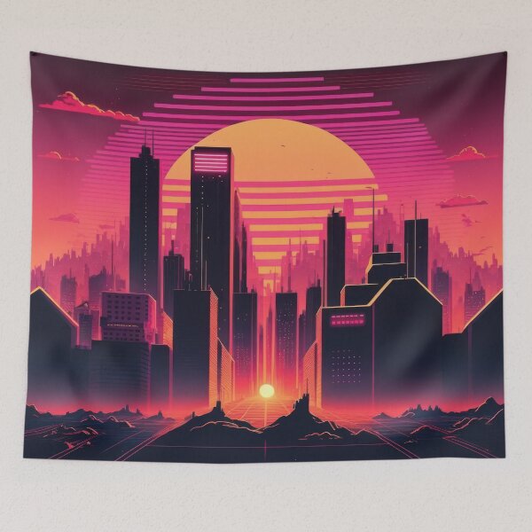 Item preview, Synth wave retro city landscape background at sunset designed and sold by Damian Sobczyk.