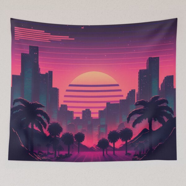 Item preview, Synth wave retro city landscape background at sunset designed and sold by Damian Sobczyk.